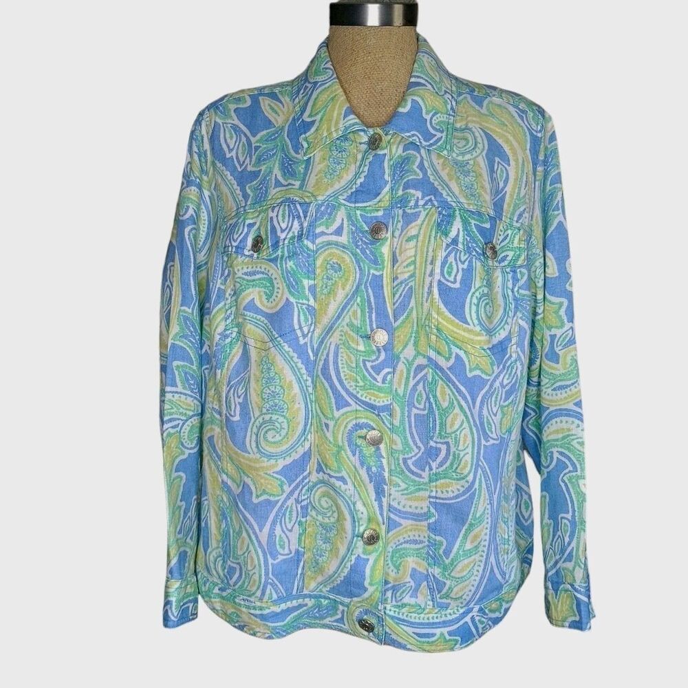 Vintage Carole Little Shirt Jacket Green Blue Paisley 90s Artwear Colorful